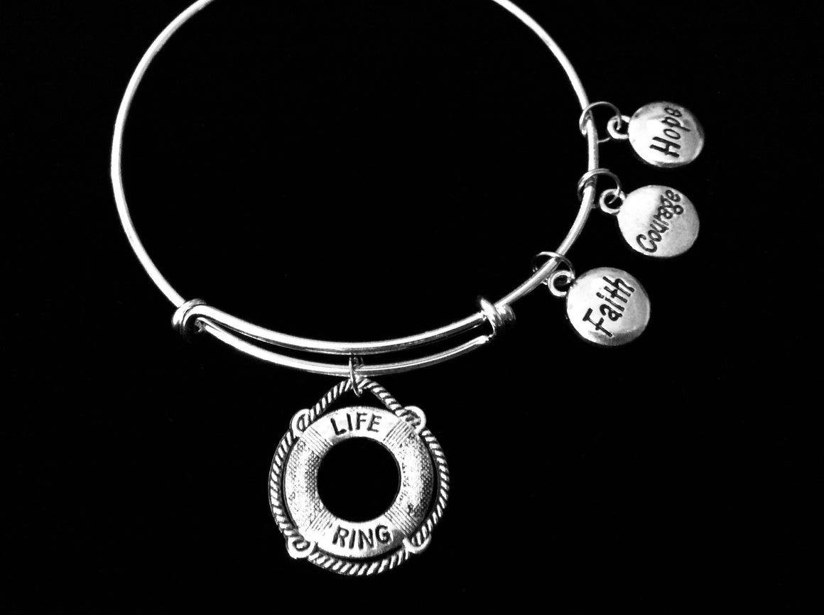 Faith Courage Hope Adjustable Charm Bracelet Life Ring Life Perserver Expandable Silver Bangle One Size Fits All Gift
