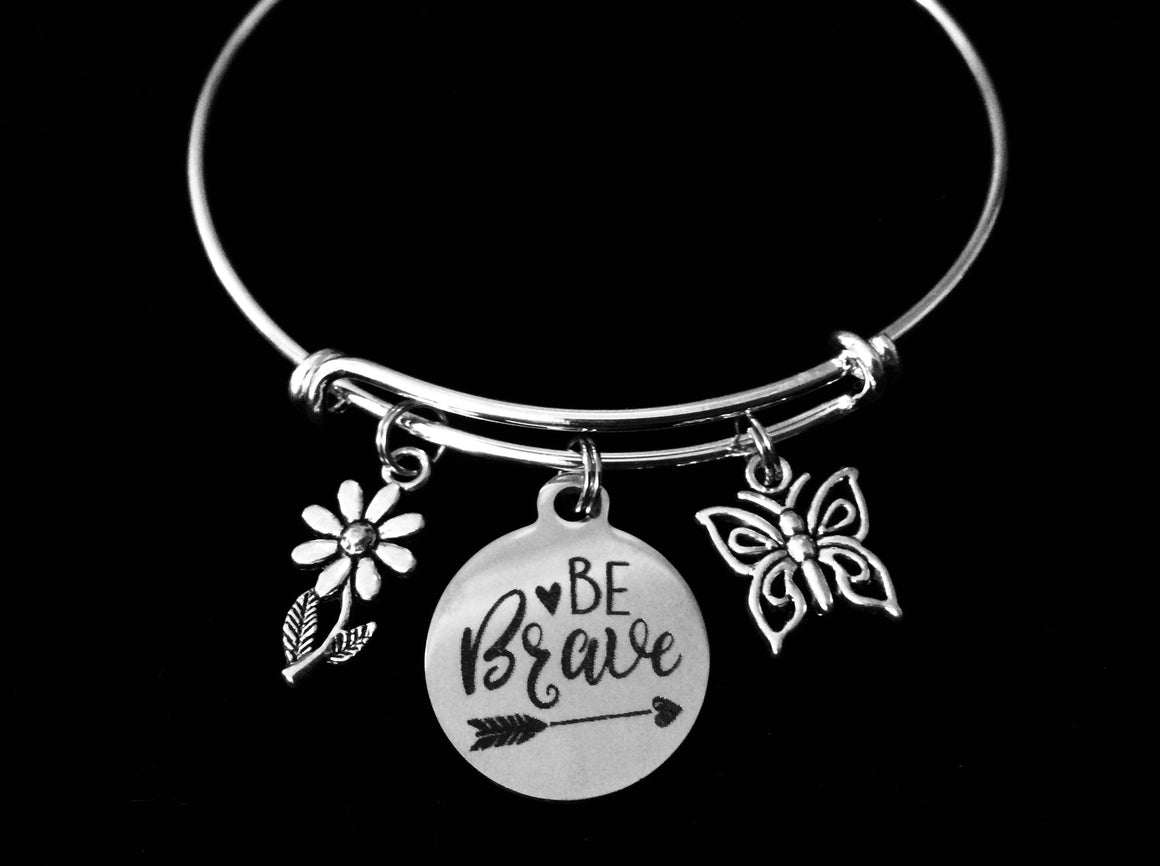Be Brave Adjustable Charm Bracelet Expandable Silver Bangle Inspirational One Size Fits All Gift Daisy Butterfly 