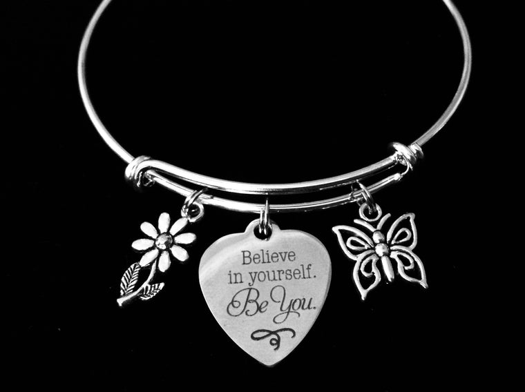 Believe in Yourself Be You Adjustable Charm Bracelet Expandable Silver Bangle Inspirational One Size Fits All Gift Daisy Butterfly