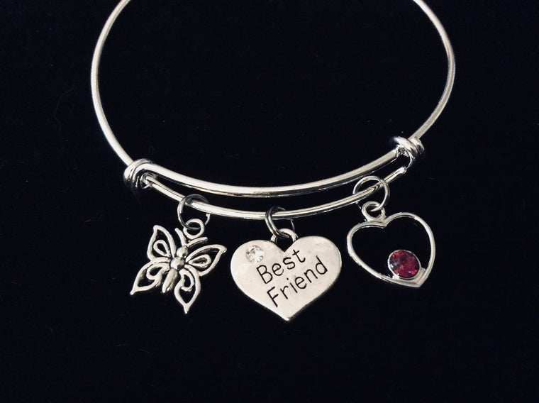 Best Friend Fuchsia Crystal Heart Expandable Charm Bracelet Adjustable Wire Bangle Silver Butterfly One Size Fits All Gift BFF