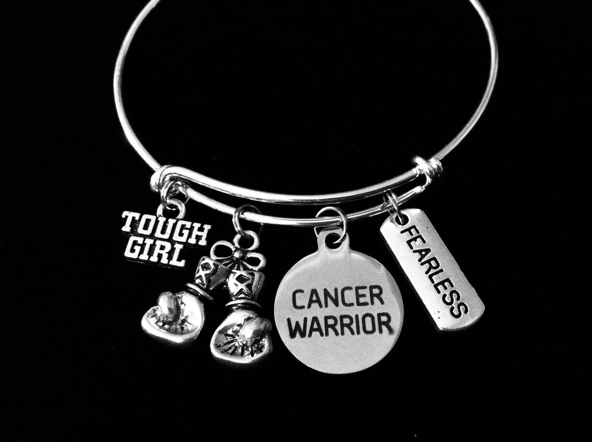 Cancer Warrior Fearless Tough Girl Adjustable Charm Bracelet Expandable Silver Bangle Fighter Inspirational One Size Fits All Gift Boxing Gloves