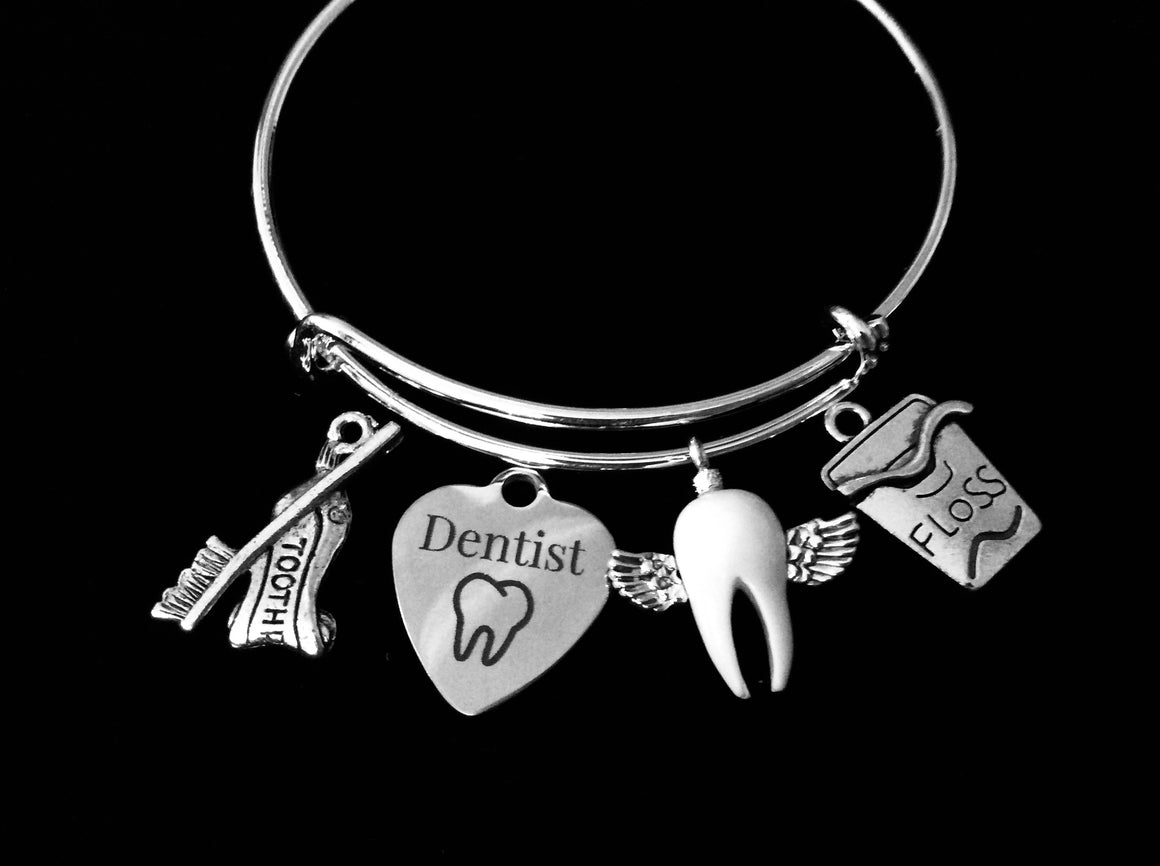 Dentist Jewelry Expandable Charm Bracelet Tooth Floss Toothpaste Toothbrush Silver Adjustable Wire Bangle One Size Fits All Gift