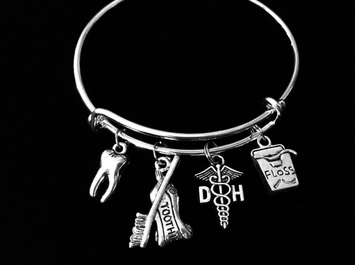 Dental Hygienist Jewelry DH Expandable Charm Bracelet Silver Tooth Floss Toothpaste Toothbrush Adjustable Wire Bangle One Size Fits All Gift