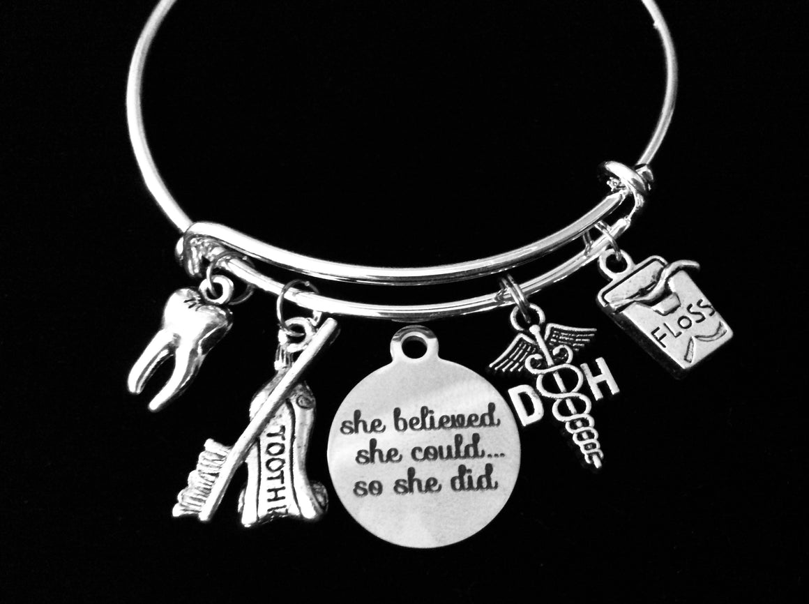 She Believed She Could SO She Did Dental Hygienist  Expandable Charm Bracelet DH Jewelry Silver Tooth Floss Toothpaste Toothbrush Adjustable Wire Bangle One Size Fits All Gift Dental School Graduation Present