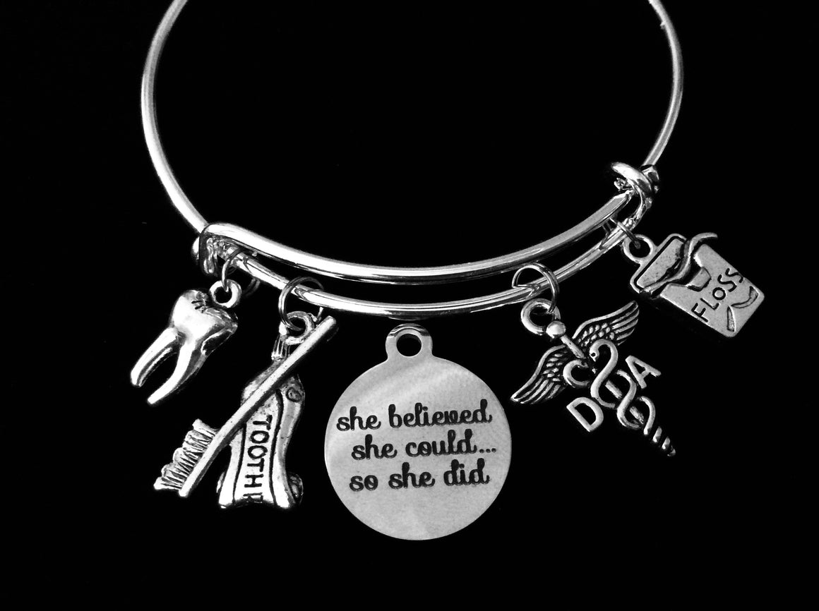 She Believed She Could Dental Assistant Jewelry DA Expandable Charm Bracelet Silver Tooth Floss Toothpaste Toothbrush Adjustable Wire Bangle One Size Fits All Gift