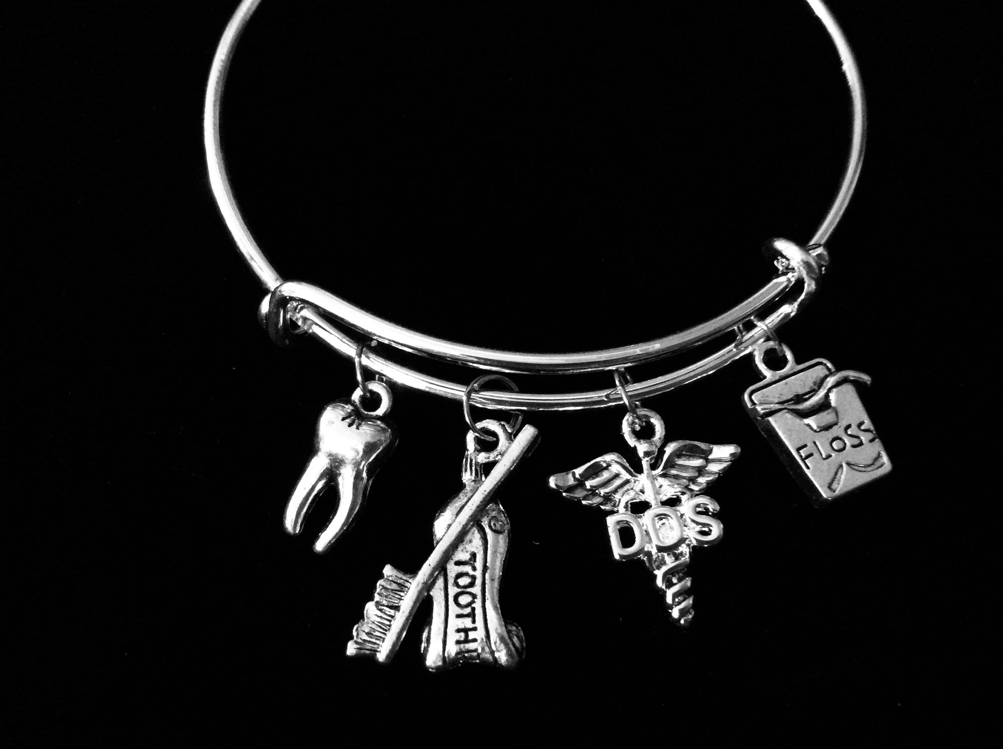 Doctor of Dental Surgury Dentist Jewelry DDS Expandable Charm Bracelet Silver Tooth Floss Toothpaste Toothbrush Adjustable Wire Bangle One Size Fits All Gift DDS Graduation