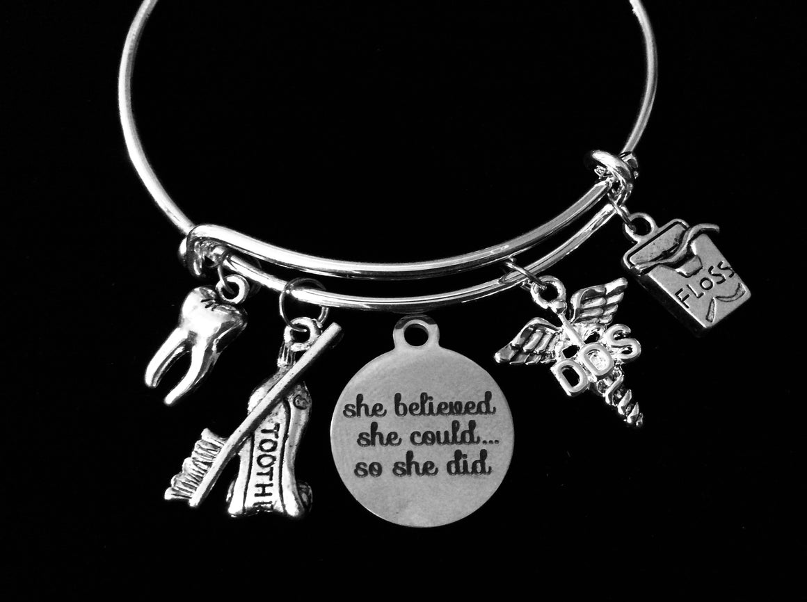 She Believed She Could Dentist Jewelry DDS Expandable Charm Bracelet Silver Tooth Floss Toothpaste Toothbrush Adjustable Wire Bangle One Size Fits All Gift Doctor Of Dental Surgery