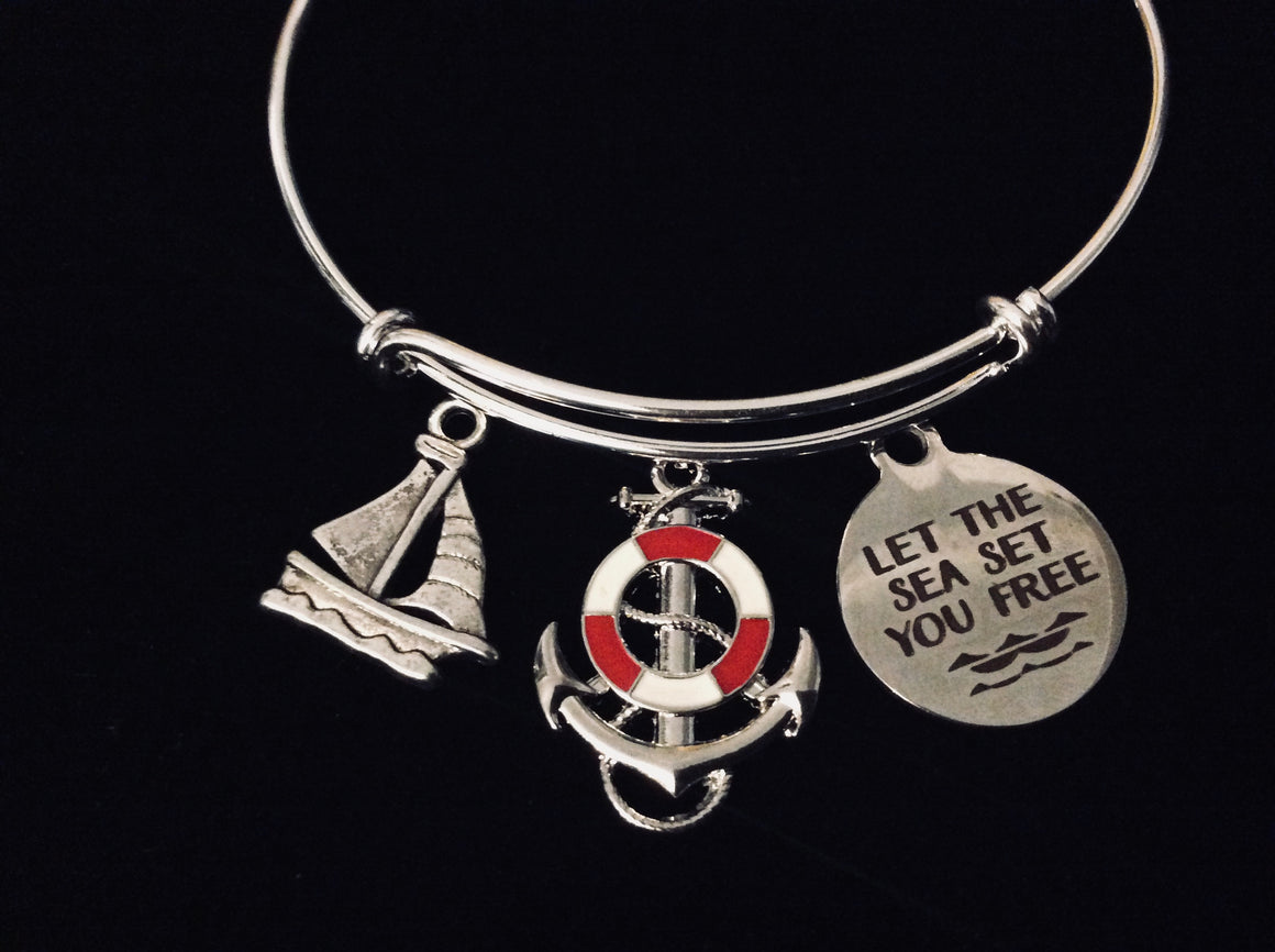 Red Anchor Sail Boat Nautical Jewelry Let the Sea Set you Free Expandable Charm Bracelet Silver Adjustable Bangle One Size Fits All Gift Trendy Stacking