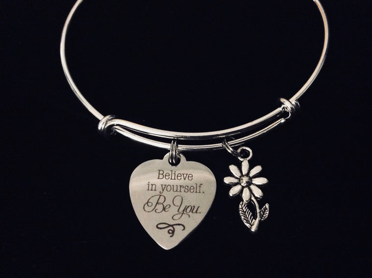 Believe in Yourself Be You Expandable Charm Bracelet Silver Adjustable Bangle Inspirational Jewelry One Size Fits All Gift