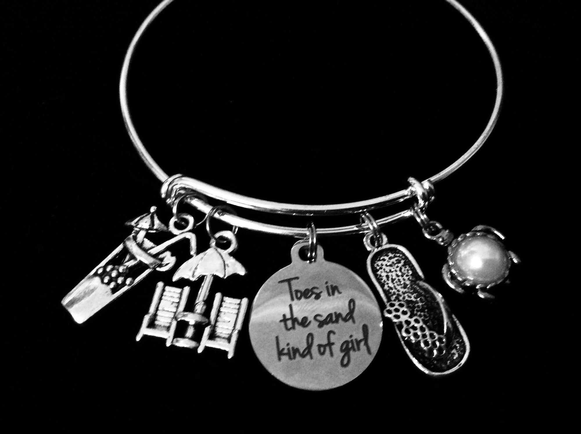 Toes in the Sand Girl Silver Expandable Charm Bracelet Flip Flop Turtle Adjustable Bangle Nautical Jewelry Beach One Size Fits All Gift