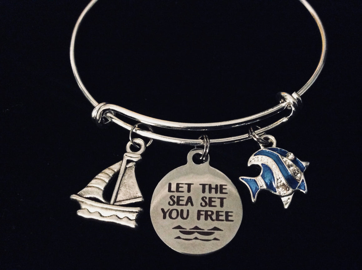Let the Sea Set you Free Expandable Charm Bracelet Jewelry Sailboat Tropical Fish Silver Adjustable Bangle One Size Fits All Gift Trendy Stacking Nautical Jewelry