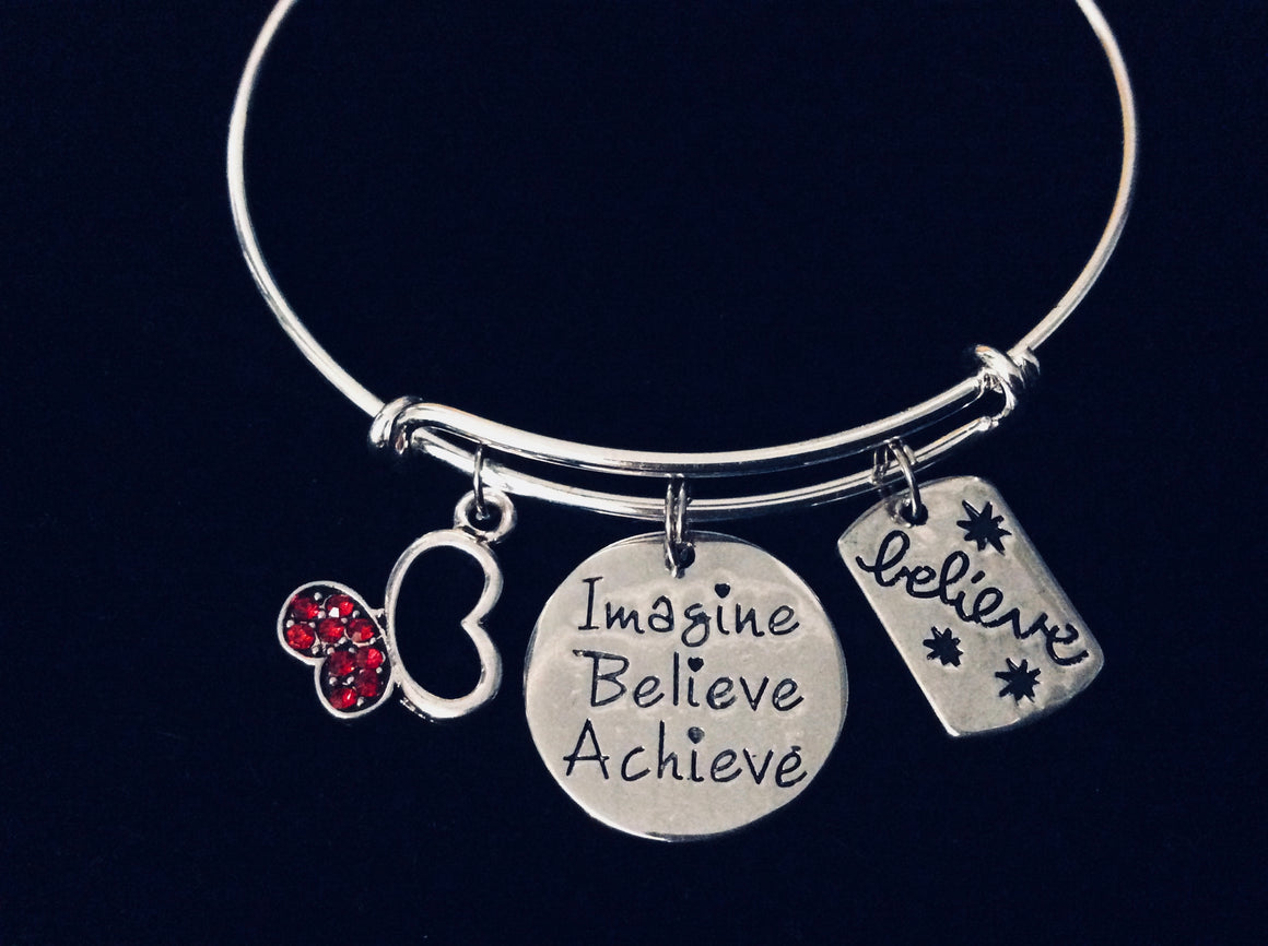 Imagine Believe Achieve Expandable Charm Bracelet Red Crystal Silver Butterfly Adjustable Bangle Inspirational Jewelry One Size Fits All Gift