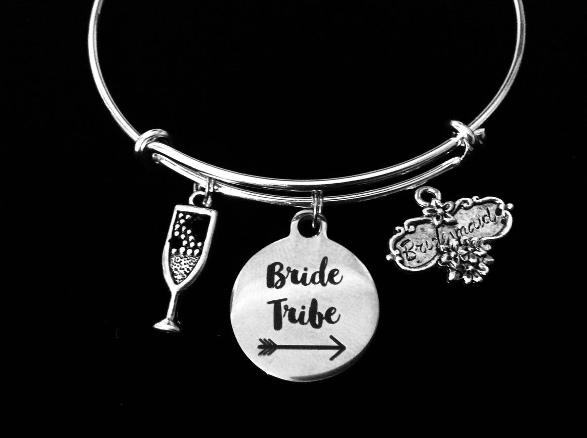Bridesmaid Jewelry Bride Tribe Expandable Charm Bracelet Bangle Silver Adjustable Wire Bangle Wedding Shower Bridal Trendy One Size Fits All Gift Champagne