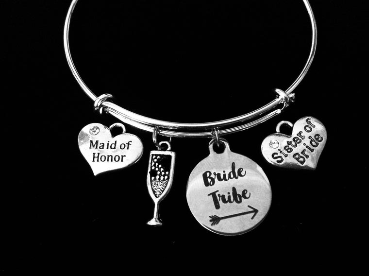 Sister of the Bride Maid Of Honor Jewelry Bride Tribe Expandable Charm Bracelet Bangle Silver Adjustable Wire Bangle Wedding Shower Bridal Trendy One Size Fits All Gift Champagne
