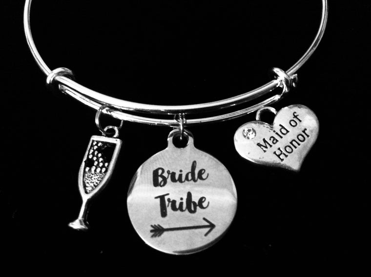 Maid of Honor Jewelry Bride Tribe Expandable Charm Bracelet Bangle Silver Adjustable Wire Bangle Wedding Shower Bridal Trendy One Size Fits All Gift Champagne