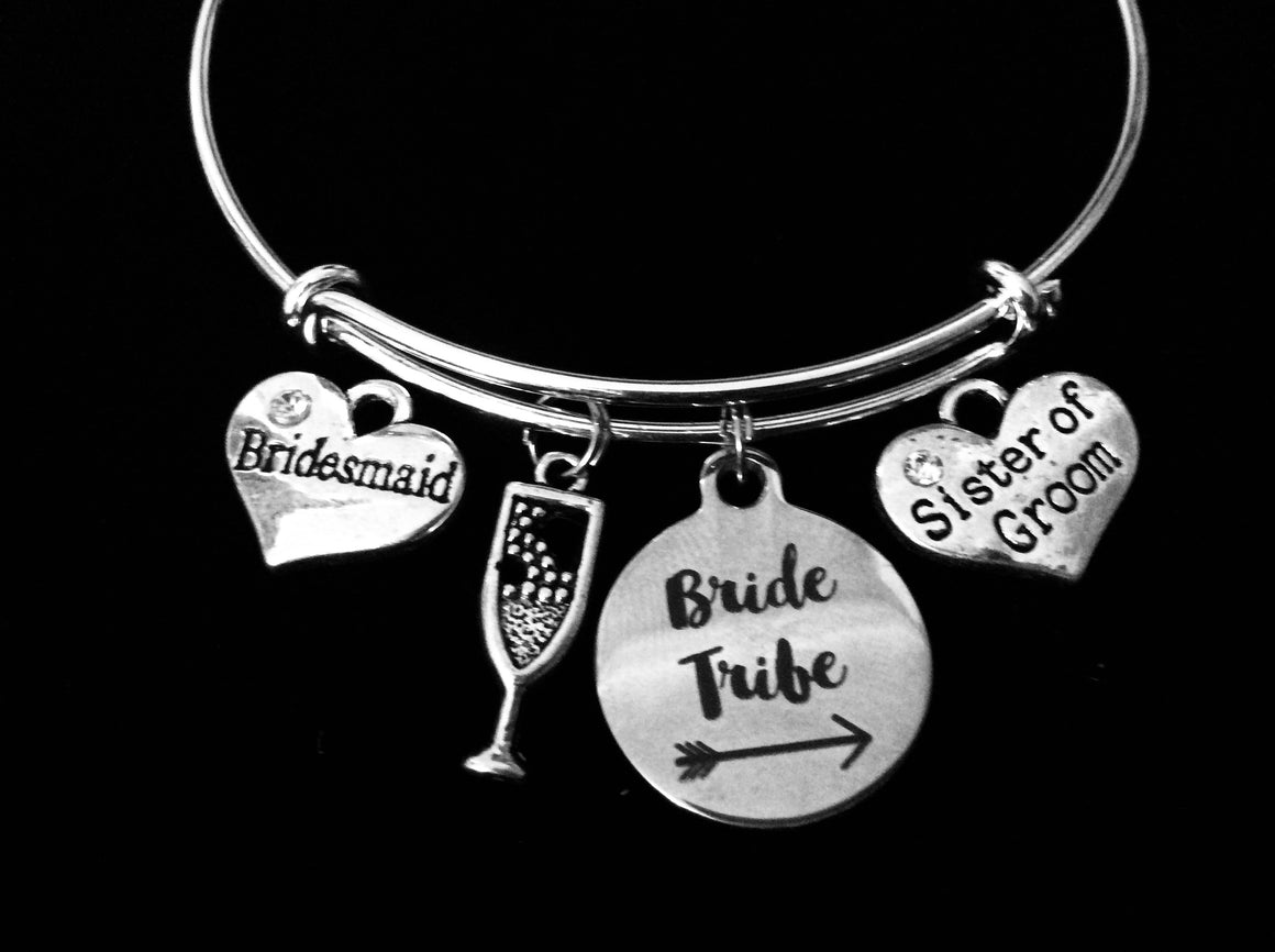 Bridesmaid Jewelry Sister of the Groom Bride Tribe Expandable Charm Bracelet Bangle Silver Adjustable Wire Bangle Wedding Shower Bridal Trendy One Size Fits All Gift Champagne