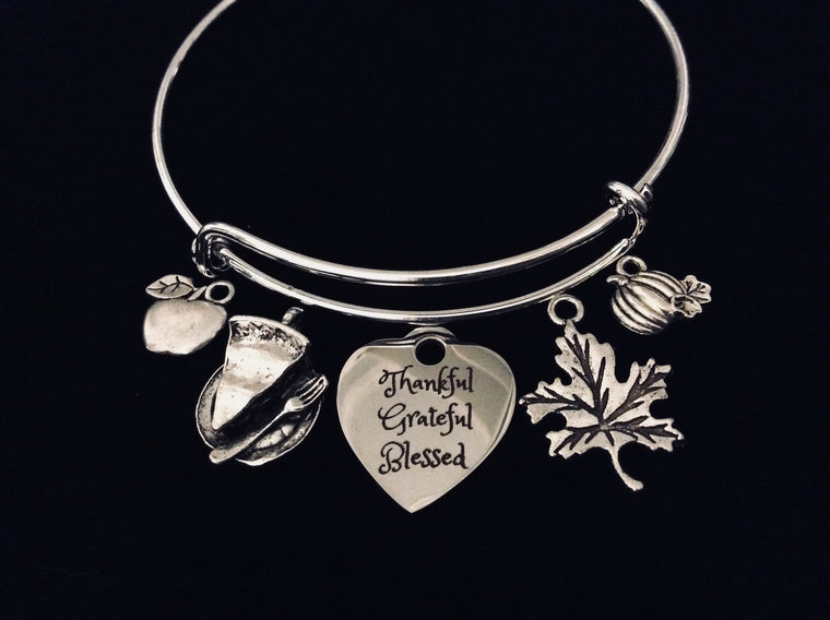 Thankful Grateful Blessed Silver Adjustable Charm Bracelet Bangle Expandable One Size Fits All Gift Thanksgiving Jewelry 