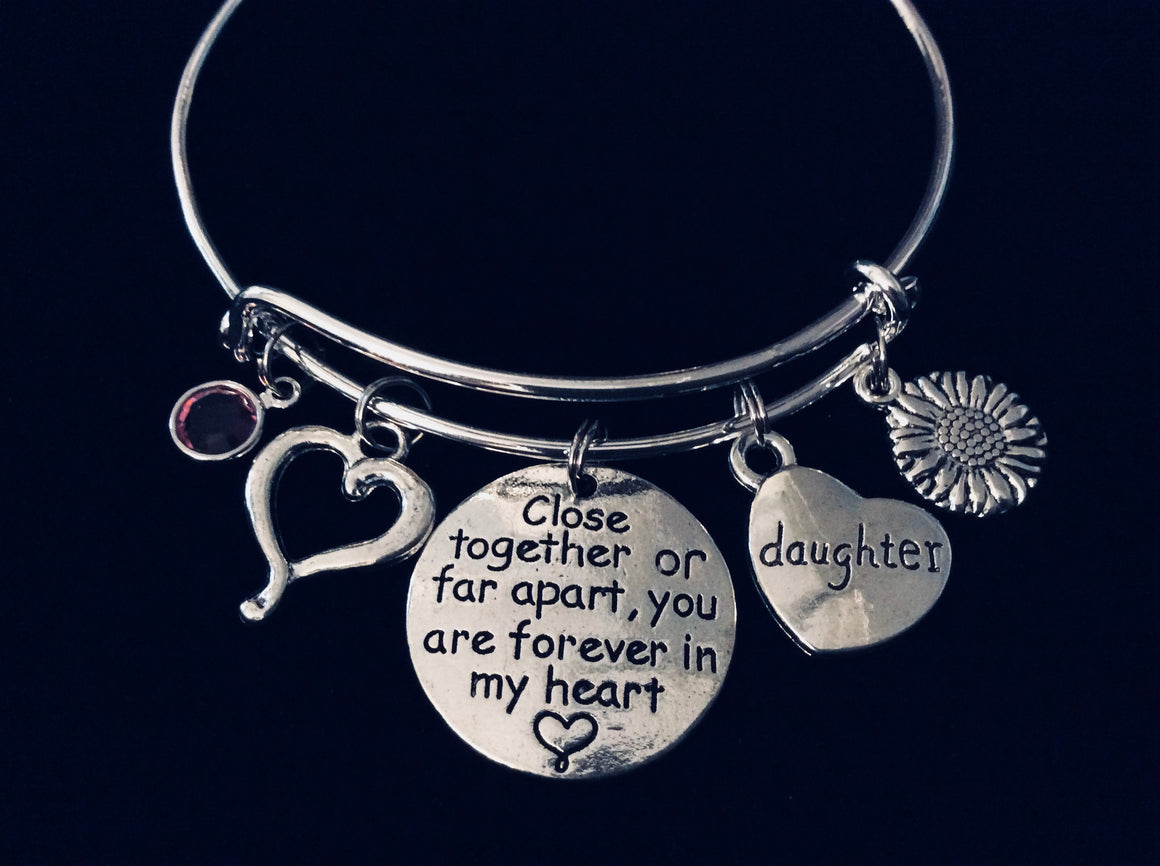Daughter Jewelry Close Together or Far Apart you are Forever in My Heart Expandable Charm Bracelet Adjustable Silver Wire Bangle Sunflower Birthstone One Size Fits All Gift