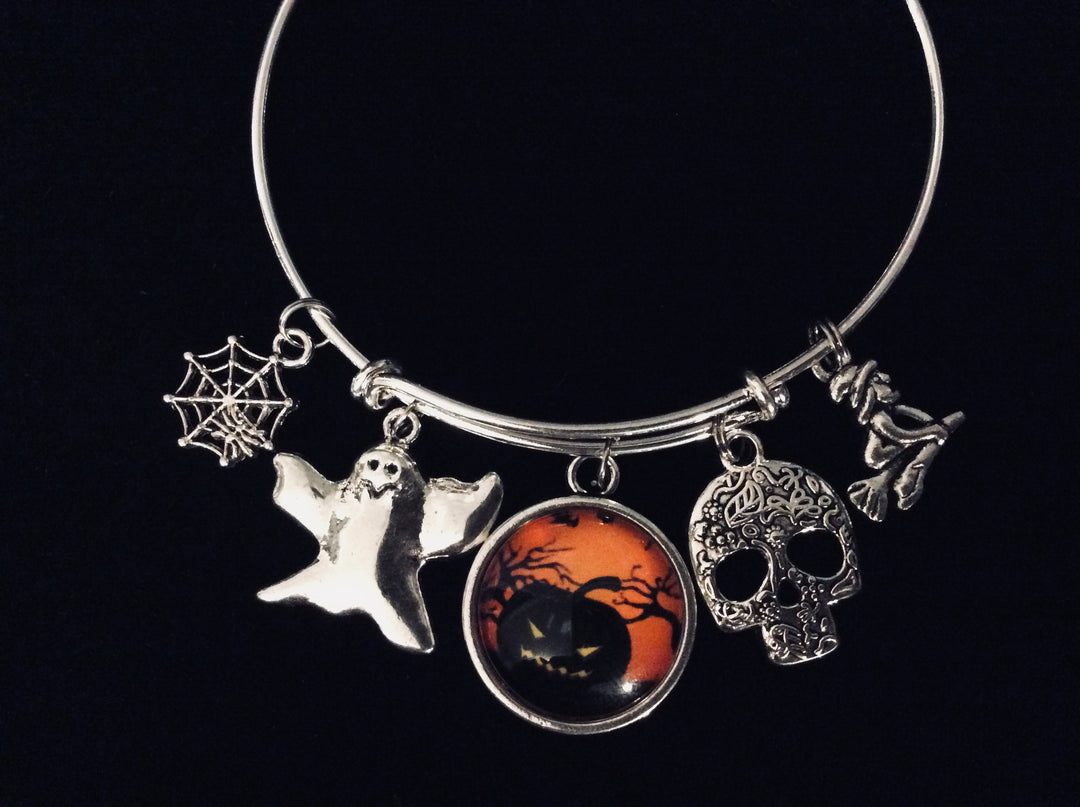 Scary Halloween Jewelry Adjustable Bracelet Silver Expandable Charm Bangle One Size Fits All Gift Witch Ghost Sugar Skull Pumpkin Spider
