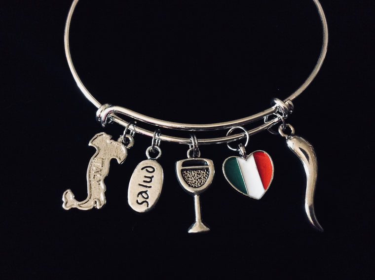 Italy Salud Flag Italian Horn Wine Glass Jewelry Adjustable Charm Bracelet Silver Expandable Wire Bangle One Size Fits All Gift