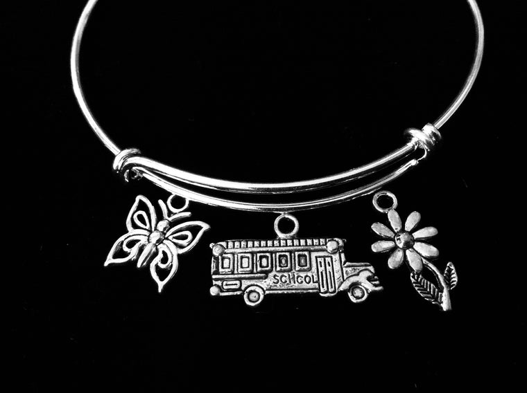 School Bus Driver Jewelry Adjustable Charm Bracelet Silver Expandable Bangle One Size Fits All Appreciation Gift