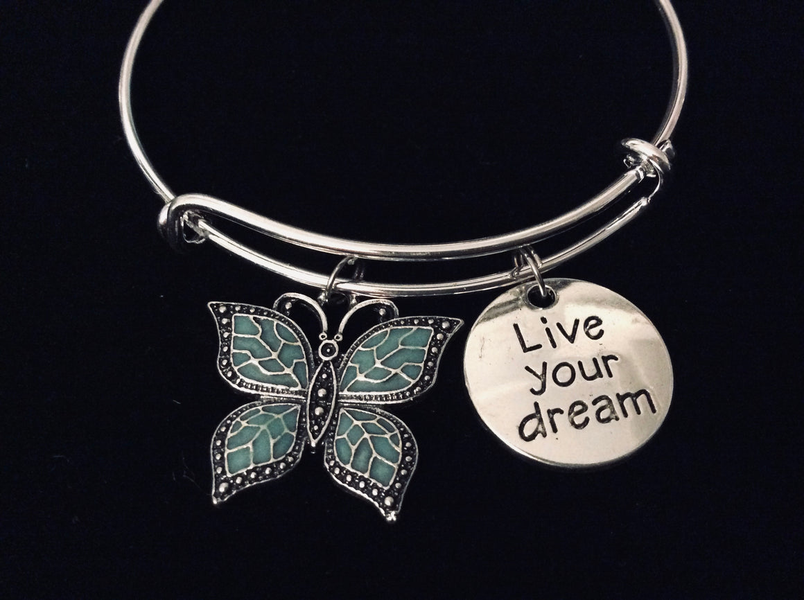 Live Your Dream Expandable Charm Bracelet Butterfly Jewelry Adjustable Silver Bangle One Size Fits All Gift Teal Butterfly