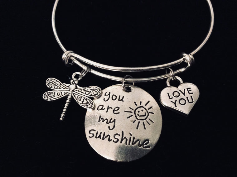 You are My Sunshine Expandable Silver Charm Bracelet Adjustable Wire Bangle Dragonfly Love You Jewelry One Size Fits All Gift 