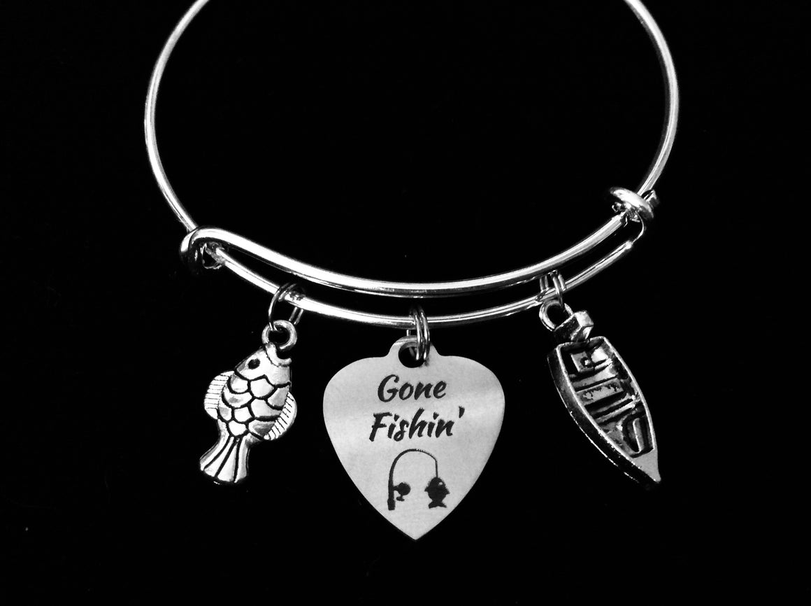 Gone Fishin Expandable Silver Charm Bracelet Fishing Boat Fish Adjustable Wire Bangle Lake Jewelry One Size Fits All Gift