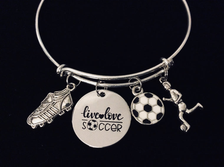 Live Love Soccer Expandable Charm Bracelet Silver Adjustable Bangle Sports Jewelry Soccer Ball Cleats One Size Fits All Gift