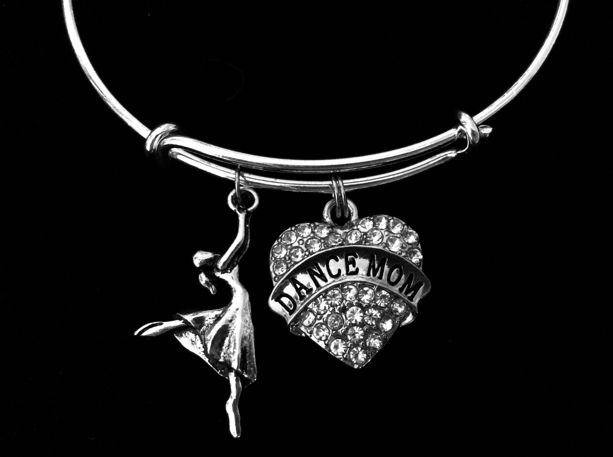 Dance Mom Crystal Heart Expandable Charm Bracelet Adjustable Silver Bangle One Size Fits All Gift Ballet Tap Dance Dancer Jewelry