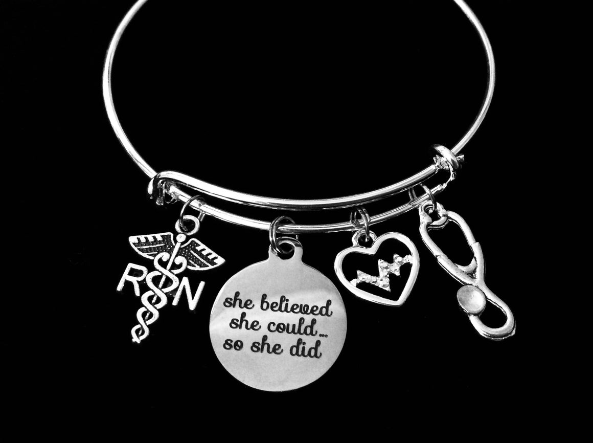 She Believed She Could So She Did Expandable Charm Bracelet RN Jewelry EKG Registered Nurse Adjustable Silver Bangle One Size Fits All Gift