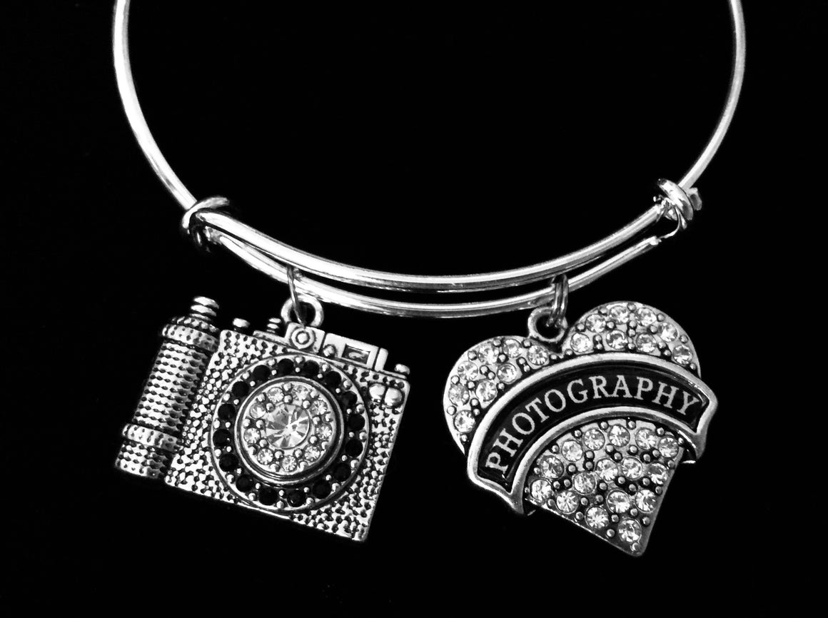 Photography Charm Bracelet Expandable Adjustable Silver Bangle Crystal Camera One Size Fits All Gift Photographer
