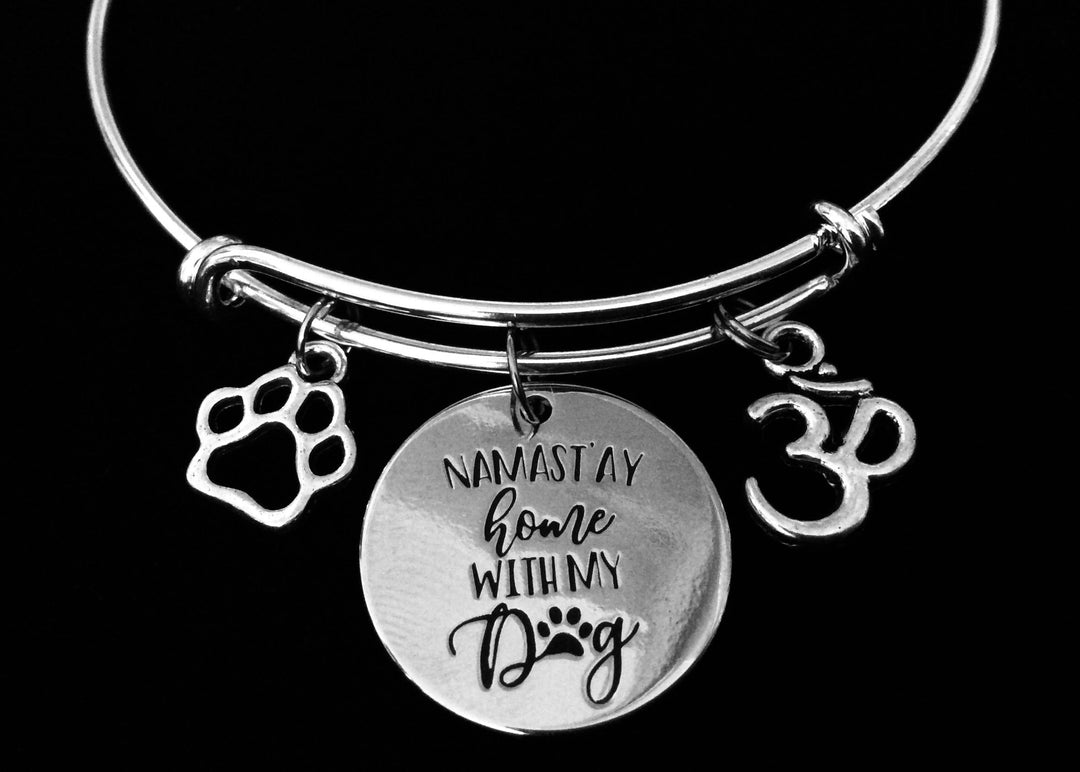 Namaste Home with My Dog Expandable Charm Bracelet Adjustable Silver Wire Bangle Paw Print Om Yoga Inspired Jewelry One Size Fits All Gift
