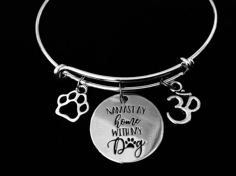 Namaste Home with My Dog Expandable Charm Bracelet Adjustable Silver Wire Bangle Paw Print Om Yoga Inspired Jewelry One Size Fits All Gift