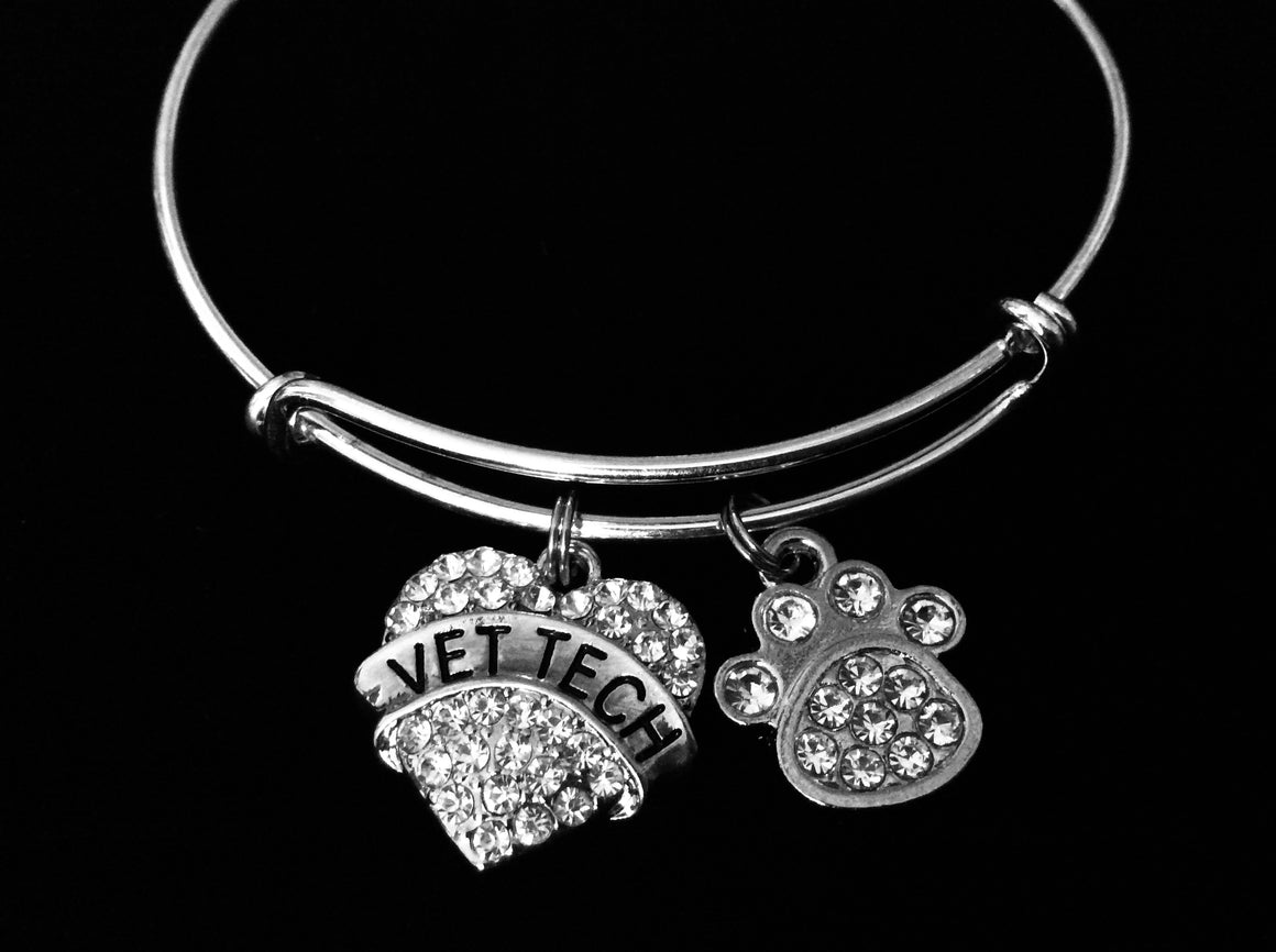 Vet Tech Jewelry Paw Print Expandable Charm Bracelet Adjustable Silver Wire Bangle Veterinarian One Size Fits All Gift Animal Doctor