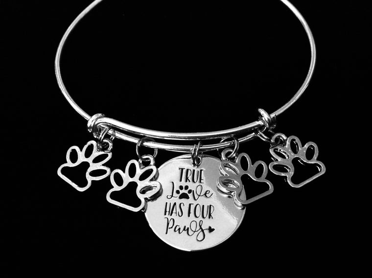 True Love Has Four Paws Jewelry Paw Print Expandable Charm Bracelet Adjustable Silver Wire Bangle Dog Cat Pet Animal Lover One Size Fits All Gift