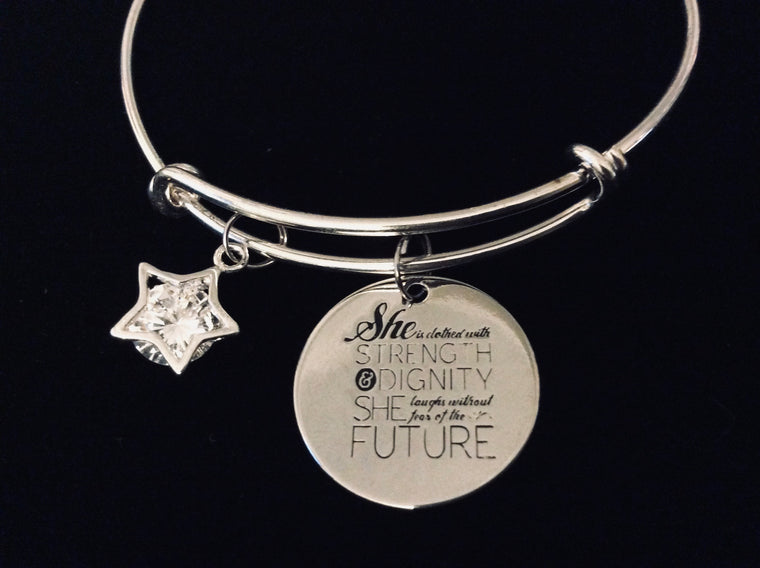 She is Clothed in Strength and Dignity Adjustable Charm Bracelet Expandable Silver Bangle Cubic Zirconium Star One Size Fits All Gift Inspirational 