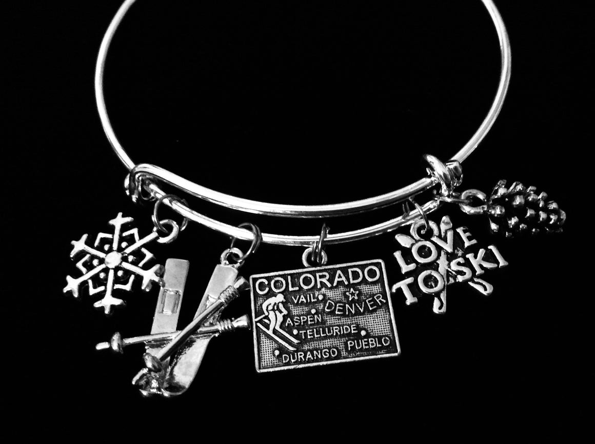 Love to Ski Colorado Jewelry Adjustable Charm Bracelet Silver Expandable Bangle Aspen Vail Denver One Size Fits All Gift