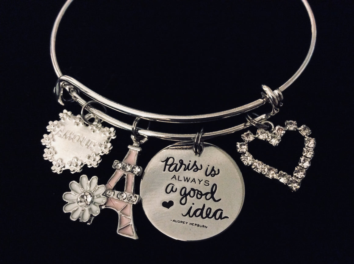 Paris is Always a Good Idea Adjustable Charm Bracelet Silver Expandable Bangle Amour Eiffel Tower Audrey Hepburn Jewelry One Size Fits All Gift