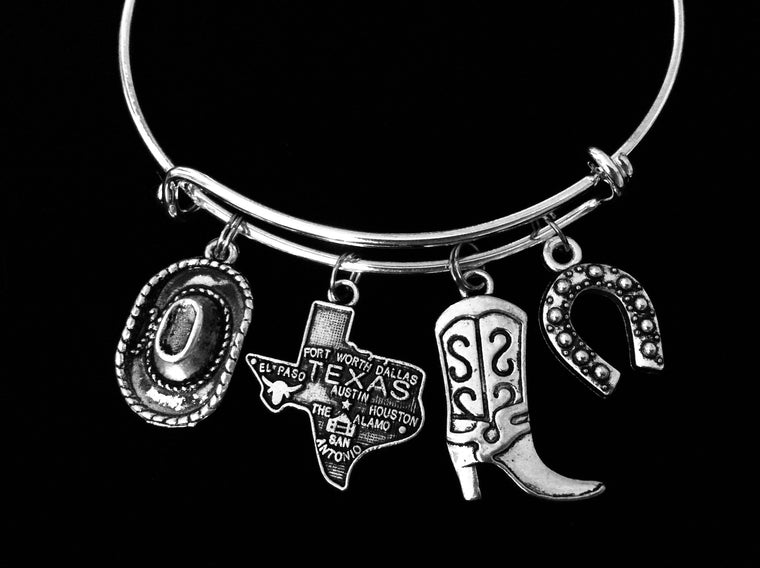 Texas Themed Jewelry Adjustable Charm Bracelet Silver Expandable Bangle Dallas Fort Worth Houston Austin The Alamo EL Paso San Antonio One Size Fits All Gift