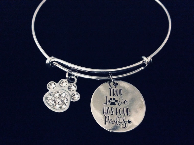 True Love Has Four Paws Adjustable Charm Bracelet Expandable Silver Bangle One Size Fits All Gift Crystal Cat Dog Paw Print Pet Lover Jewelry