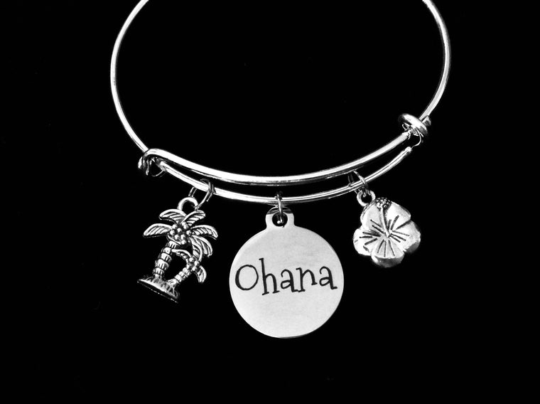 Ohana Family Hibiscus Flower Silver Expandable Charm Bracelet Palm Tree  Adjustable Bangle Gift