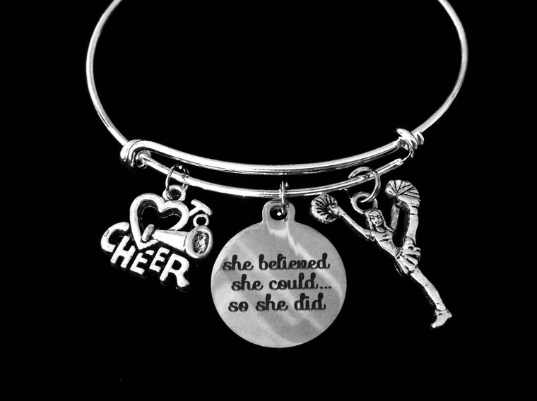 Love to Cheer Cheerleader Jewelry Expandable Charm Bracelet She Believed She Could Silver Adjustable Wire Bangle Gift 