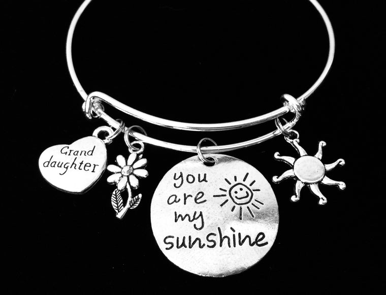 You Are My Sunshine Charm Bracelet Granddaughter Silver Adjustable Expandable Wire Bangle One Size Fits All Gift Daisy Sun