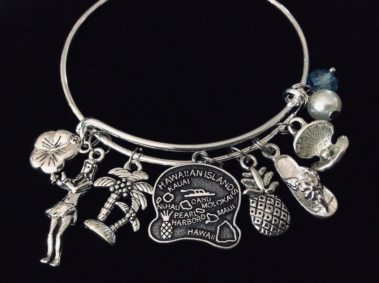 Hawaii Expandable Charm Bracelet Adjustable Bangle Silver Hibiscus Palm Tree Hula Girl Flip Flop Pineapple One Size Fits All Gift Hawaiian Vacation Jewelry