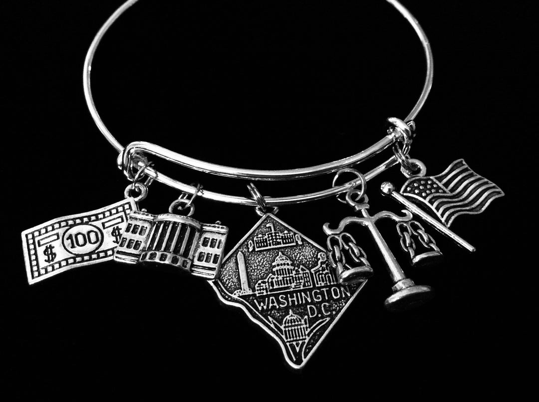 Washington DC Expandable Charm Bracelet White House Adjustable Silver Bangle One Size Fits All Gift School Trip Jewelry 