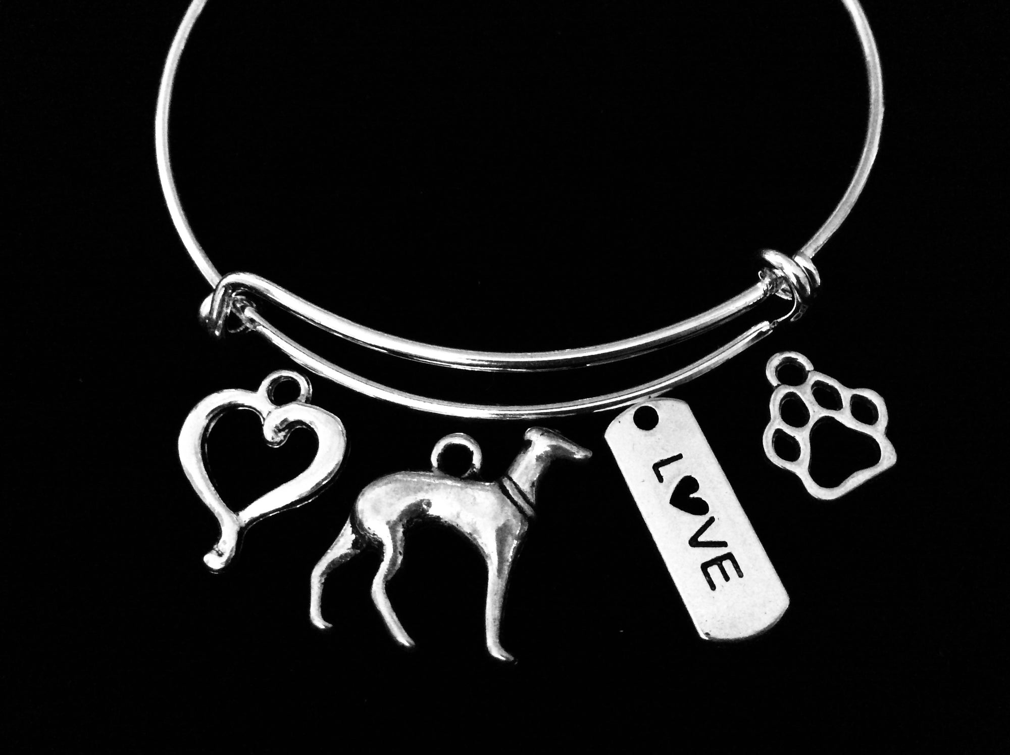 Greyhound Charm Bracelet Silver Expandable Adjustable Bangle Love Paw Print One Size Fits All Jewelry Meaningful Dog Lover Gift