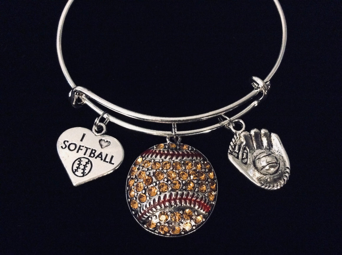 I Love Softball Jewelry Expandable Charm Bracelet Adjustable Bangle Gift Crystal Softball Catcher Mitt