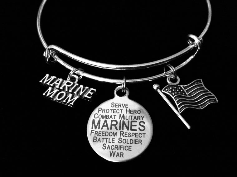 Marines Jewelry Marine Mom Expandable Charm Bracelet USA Flag Military Adjustable Bangle One Size Fits All Gift Patriotic