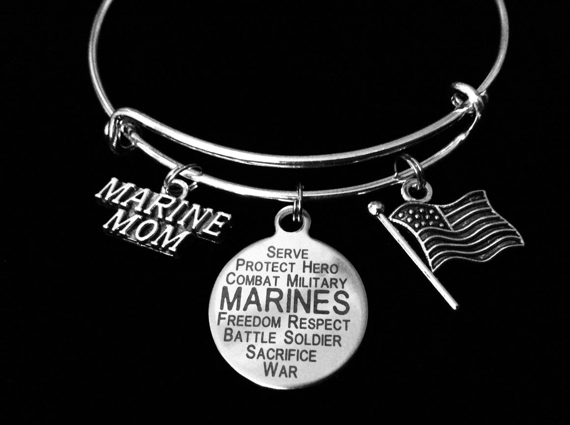 Marines Jewelry Marine Mom Expandable Charm Bracelet USA Flag Military Adjustable Bangle One Size Fits All Gift Patriotic